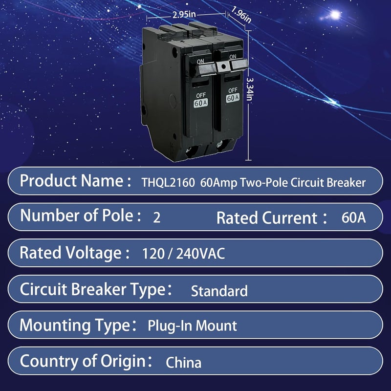 PPYIPC قاطع الدائرة THQL2160، مناسب لجينيرال إلكتريك، بديل لقاطع THQL 2p 60A، 2 قطب 60 أمبير 120/240 فولت 10kA، تركيب قياسي، حماية حرارية مغناطيسية - Image 3